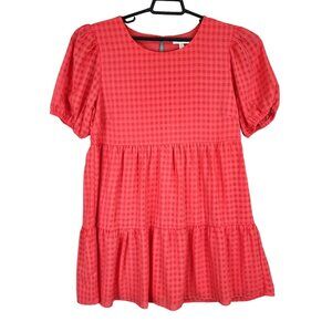 Women's Red Speechless Gingham Puff Sleeve Tiered Dress Round Neck Size L